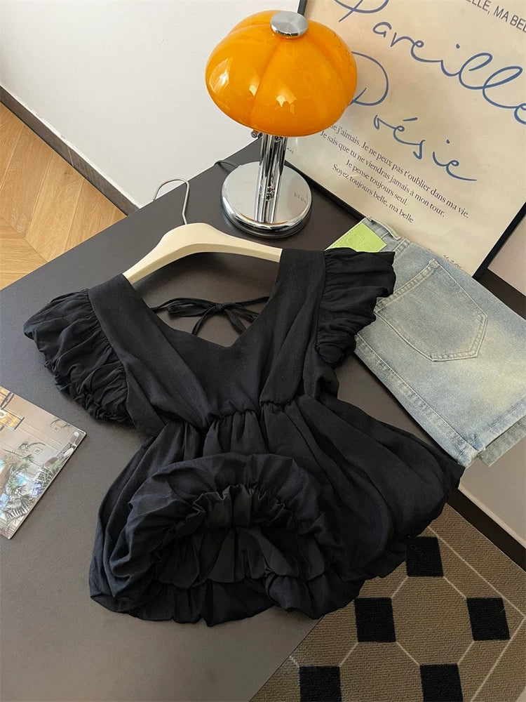 Jade Closet flagship store recommendation: Midea pure and alluring style short shirt with a beautiful hollowed-out back and puff sleeves for summer.