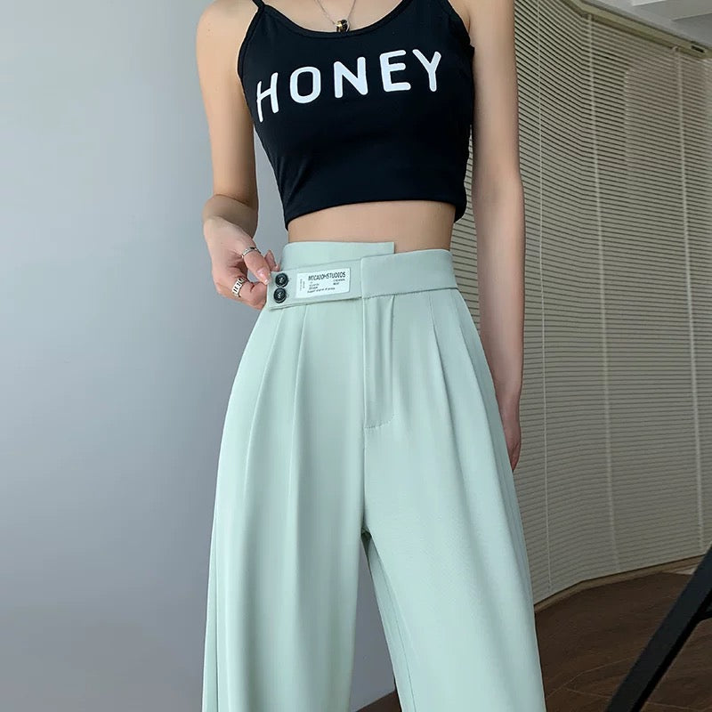 High-end ice silk suit pants for women, summer straight pants, loose slimming casual pants, irregular high-waist narrow wide-leg pants