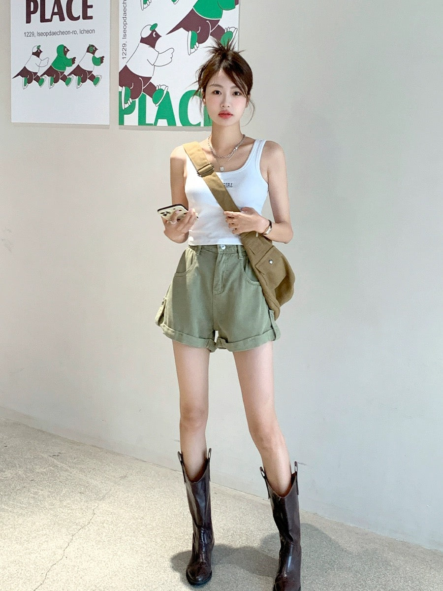Blin's green denim shorts for women 2024 summer new style high-waisted loose slimming curled a-line flesh-covering wide-leg pants