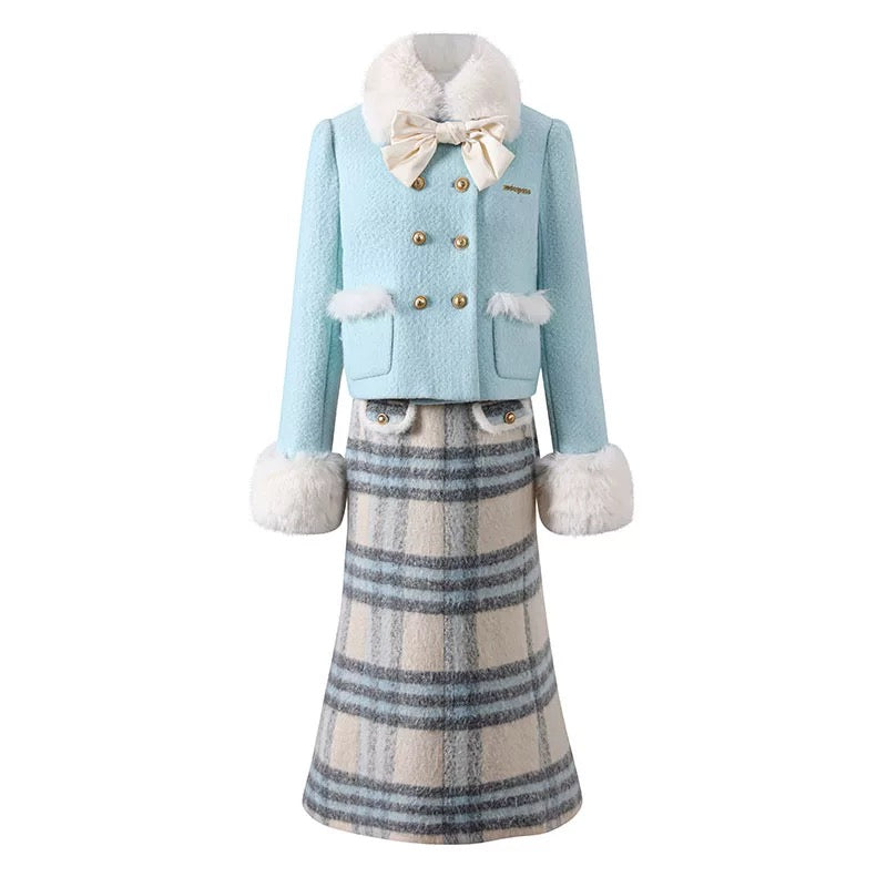 underpass original daughter-in-law fur collar blue double-breasted top coat contrasting plaid long skirt suit