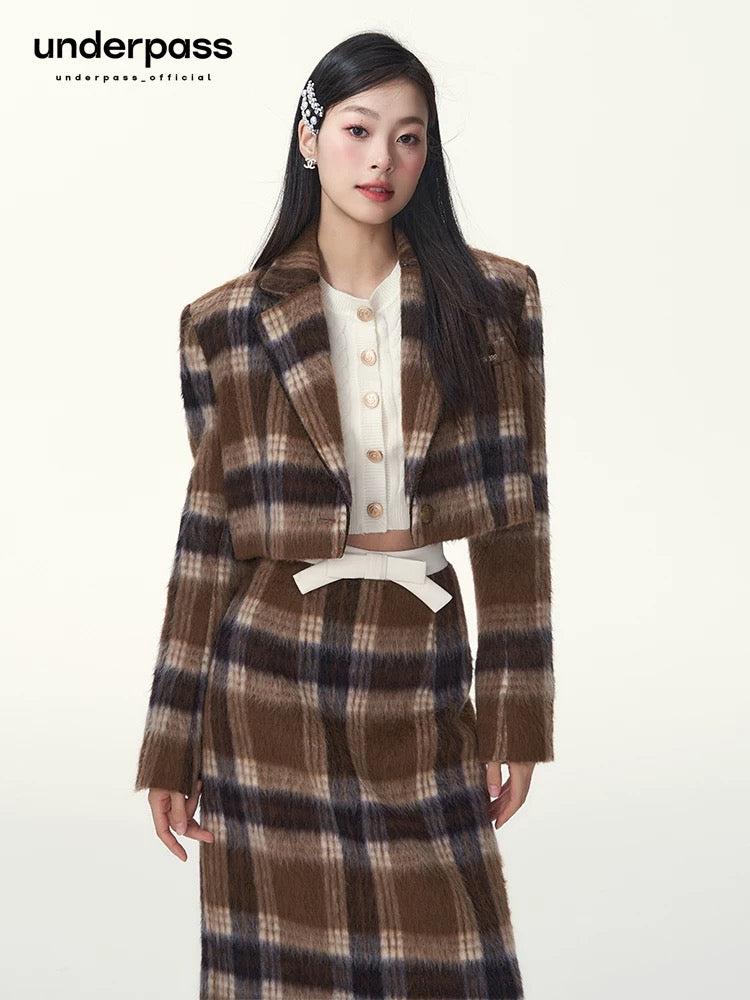 underpass original design retro plaid wool suit short jacket top two-piece quilted suit long skirt