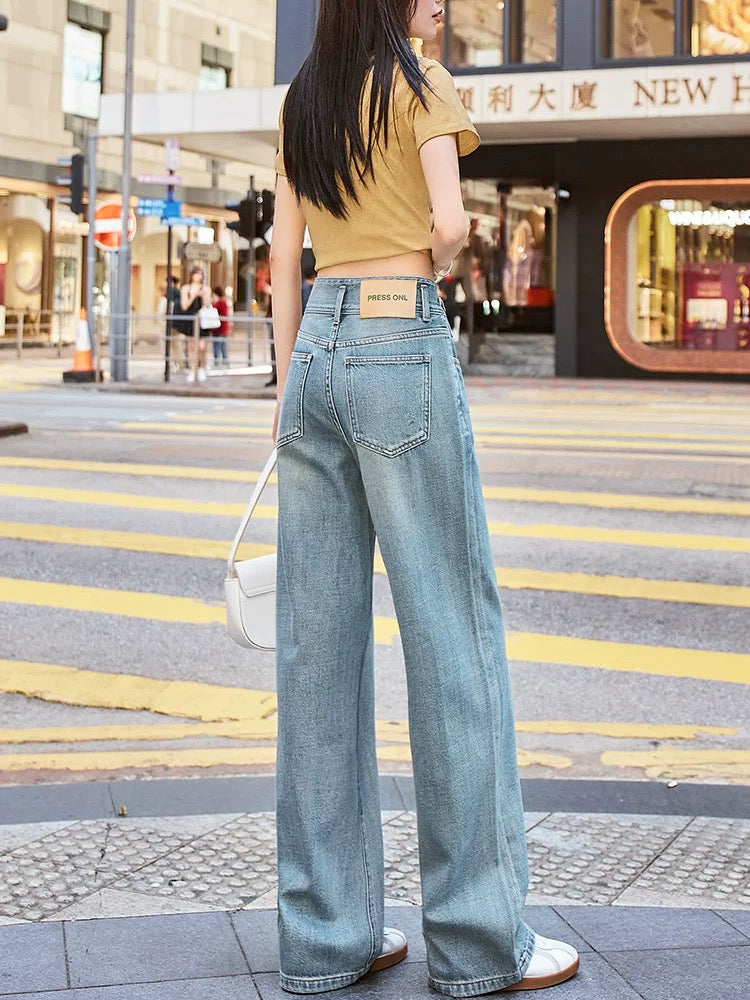 2025 Spring New Retro Blue High Waist Wide Leg Straight Jeans Women's Drape Slimming Double Button Design Trousers