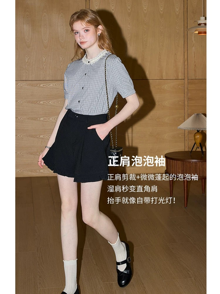 Kuhnmavie Lace Collar Plaid Short-Sleeve Shirt for Women, 2026 Early Spring New Style, Literary and Girlish Style