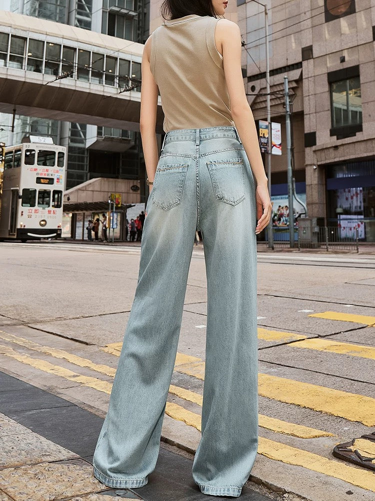 2025 Summer New Light Color Tencel Jeans Women's Thin Cool Small High Waist Drape Straight Wide Leg Pants