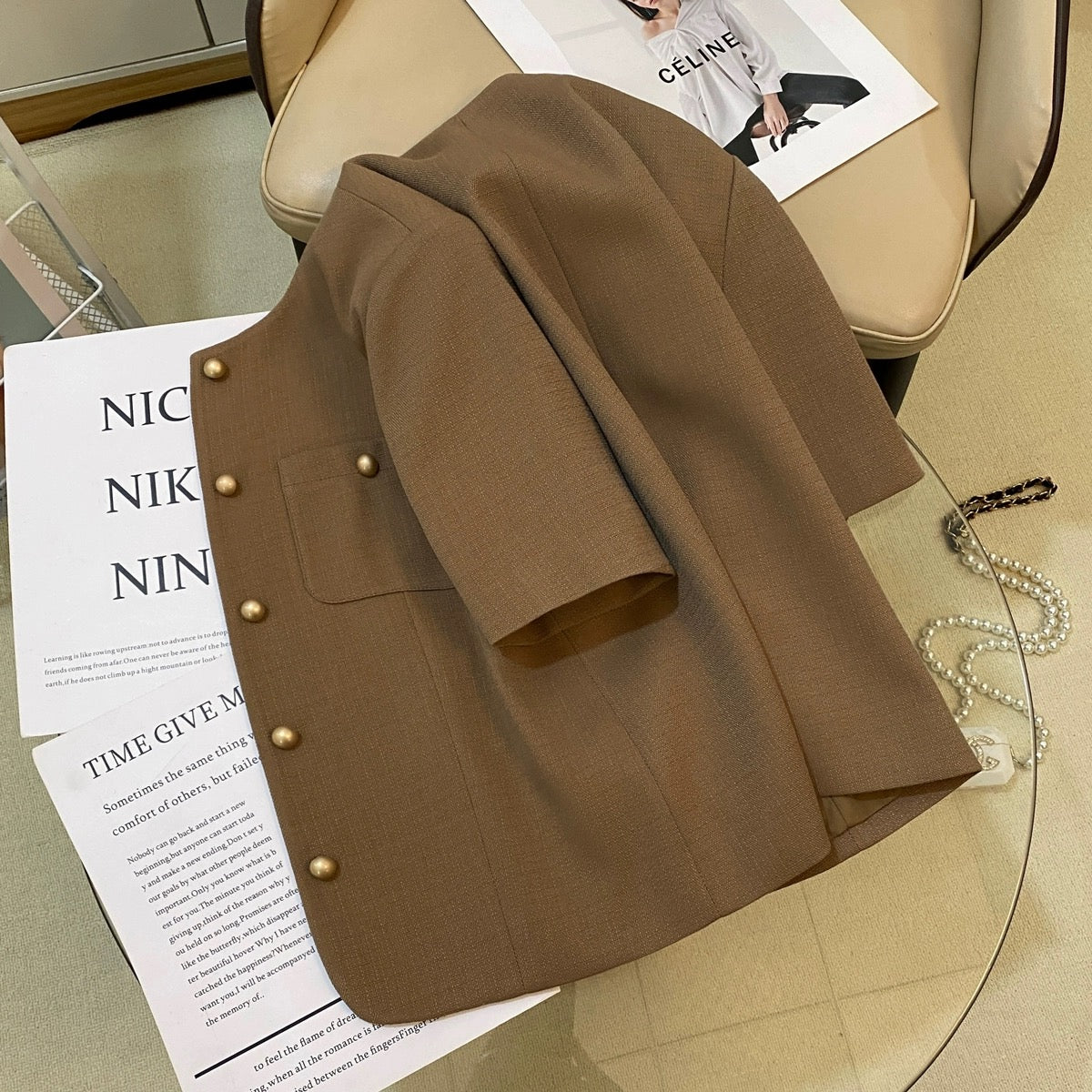 Brown short style short-sleeved suit jacket for women 2024 summer new – Lee  Nhi Boutique