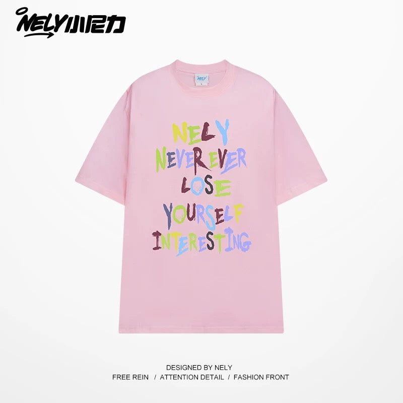 NELY American retro color letter print short-sleeved T-shirt for men and women summer casual loose trendy tops