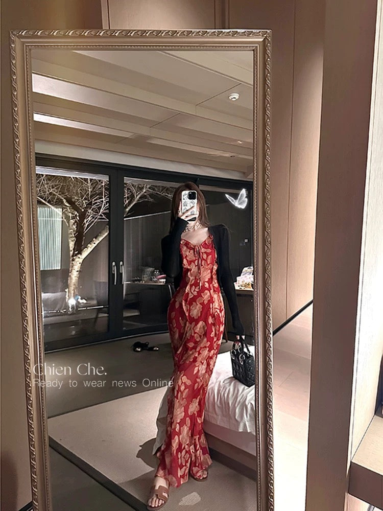 Chien Che's French-style chiffon floral dress, spring/summer, sophisticated and sexy, slit ruffle halter dress for women.