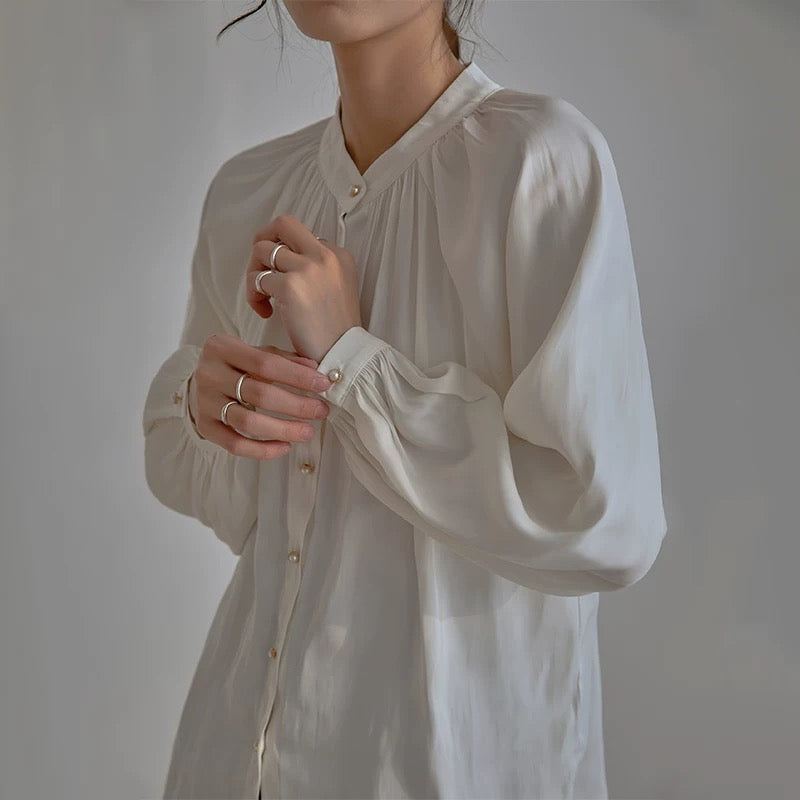 Acetate satin shirt female design niche long sleeve temperament stand collar French retro lantern sleeve professional top autumn