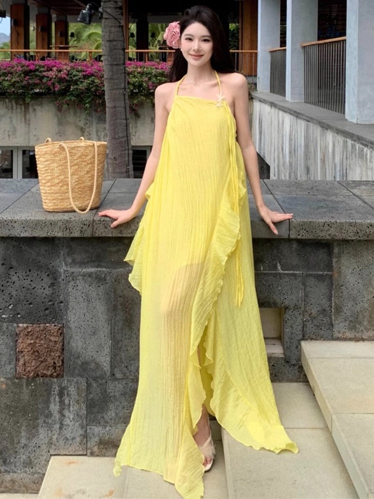 Yellow seaside holiday ruffled halter neck dress female summer dopamine irregular backless slit suspender long dress