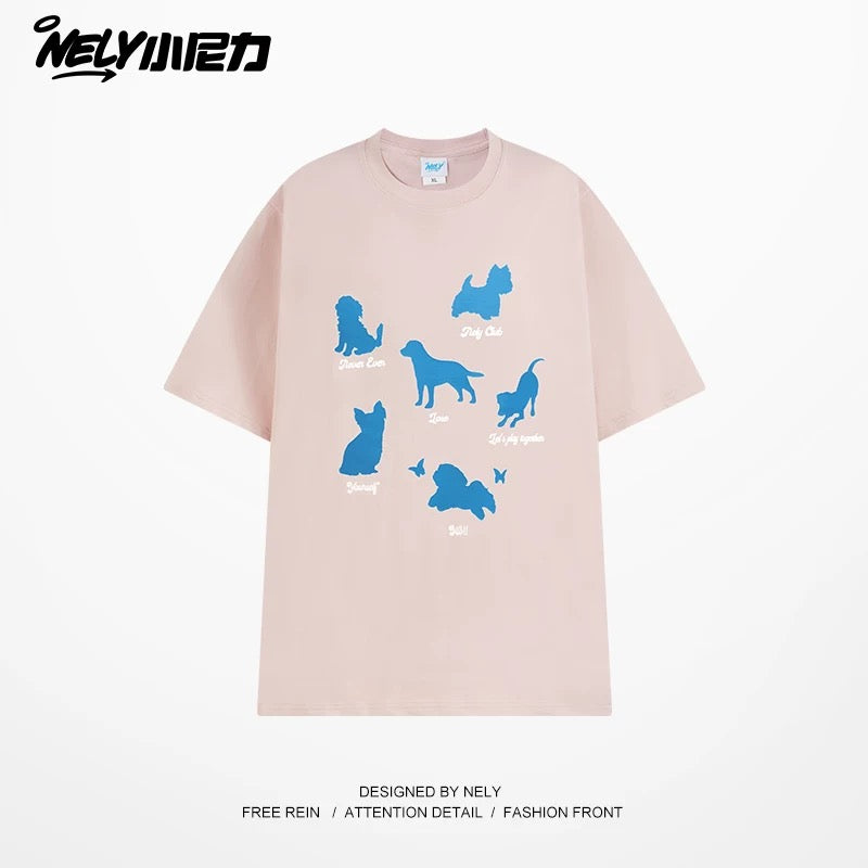 NELY Little Nelly Fashion Brand Summer Funny Cartoon Puppy Short-sleeved T-shirt for Men and Women Loose Lazy Cotton Couple Half-sleeved