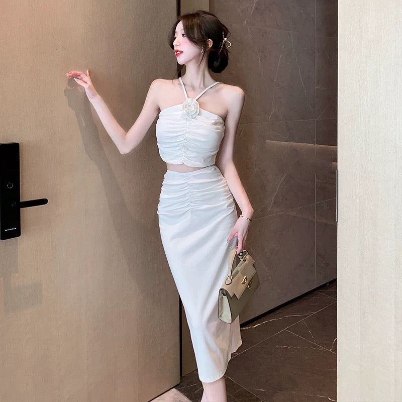 Halter strap two-piece white lady style banquet evening dress long ski –  Lee Nhi Boutique