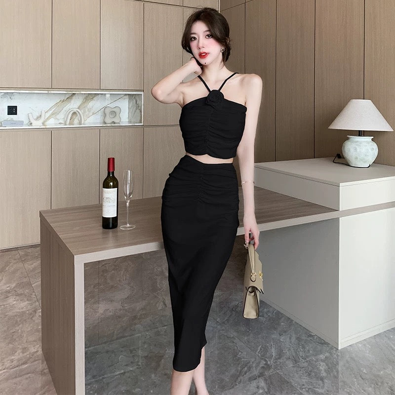 Halter strap two-piece white lady style banquet evening dress long skirt summer 2025 new fashion suit skirt