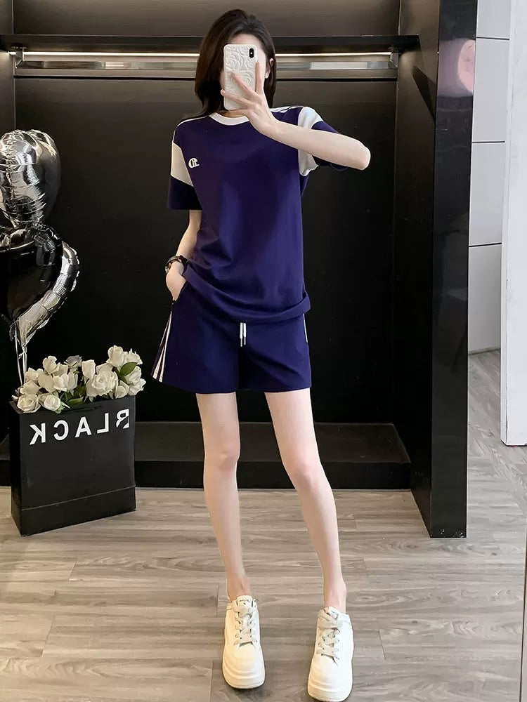 Blue stylish short-sleeved suit women's summer 2025 Korean version of the trendy casual shorts two-piece suit loose sports running