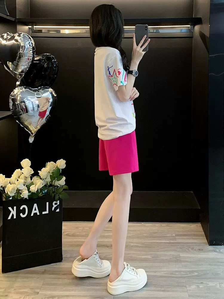 Age-reducing fashionable printed short-sleeved suit for women in summer 2025 casual shorts two-piece loose sportswear for running