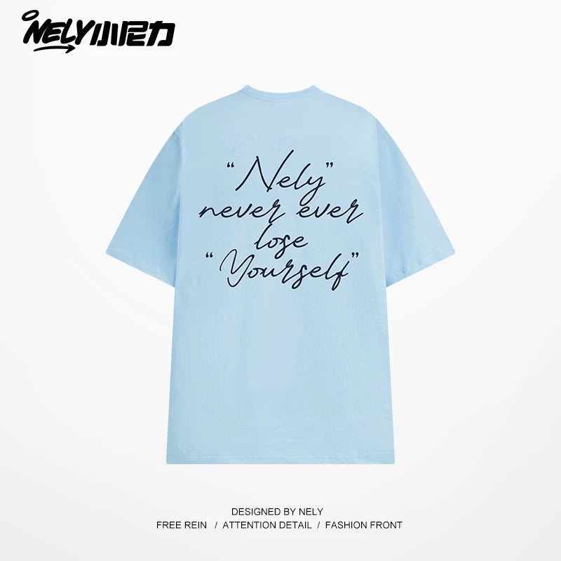 NELY Xiao Nili 2025 summer new graffiti hand-painted letters American short-sleeved T-shirt men and women loose half-sleeved tee