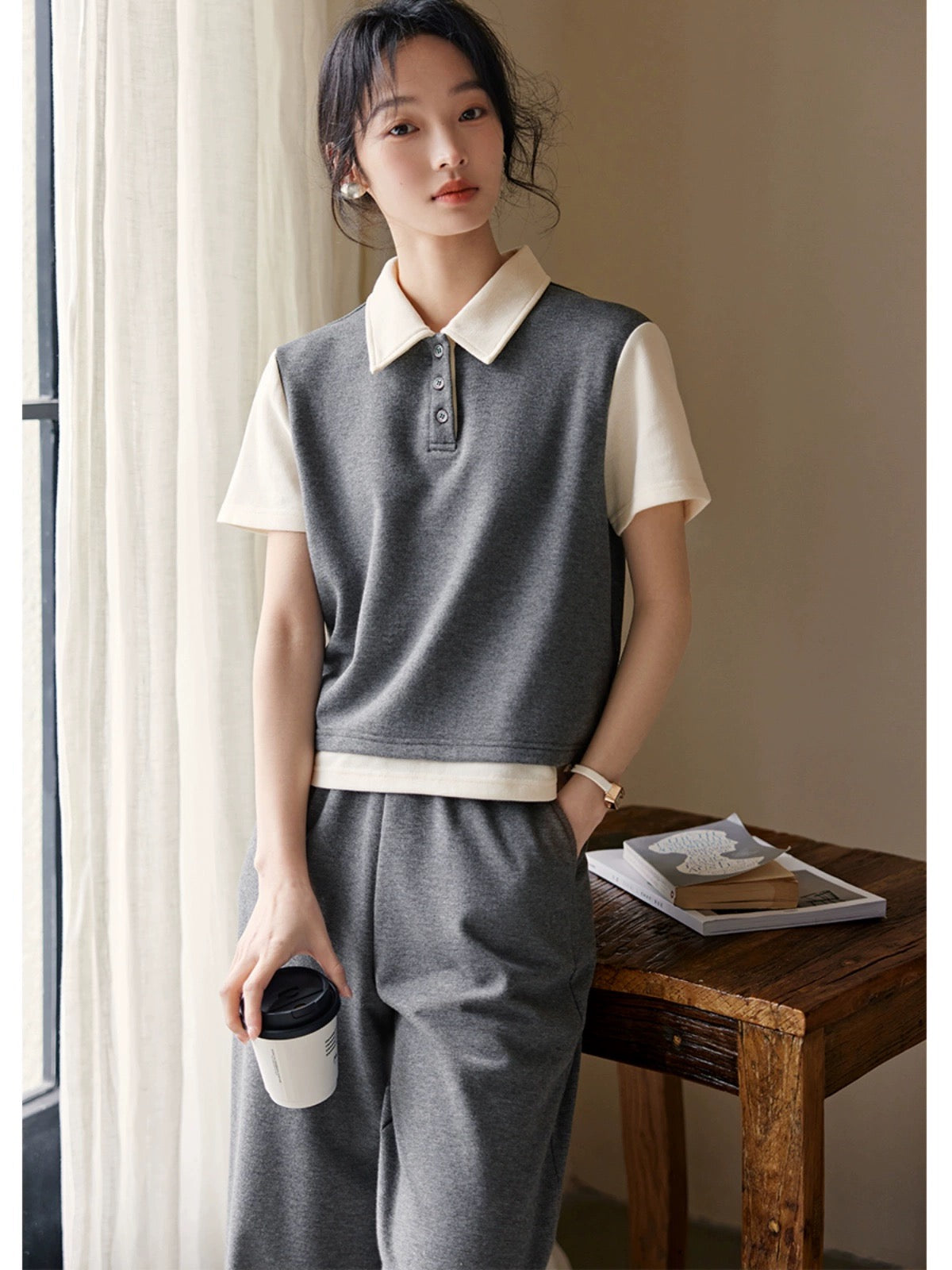 XWI/Xinwei gray fashion suit women's summer loose and slim POLO collar short-sleeved T-shirt casual pants two-piece set