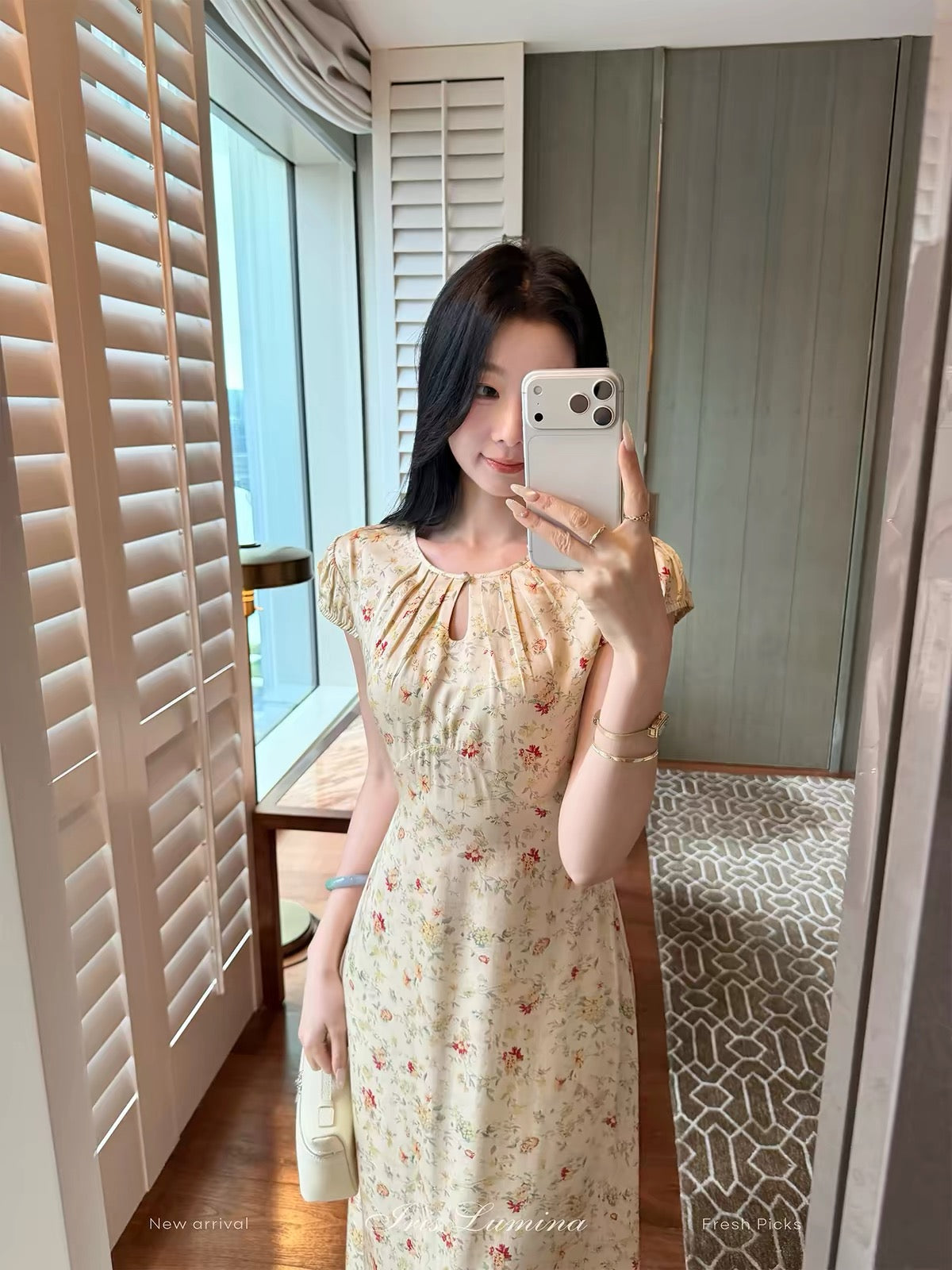 Iris Lumina Floral Short-Sleeve Maxi Dress – French-Style Cinched-Waist (Juniper & Jasmine)
