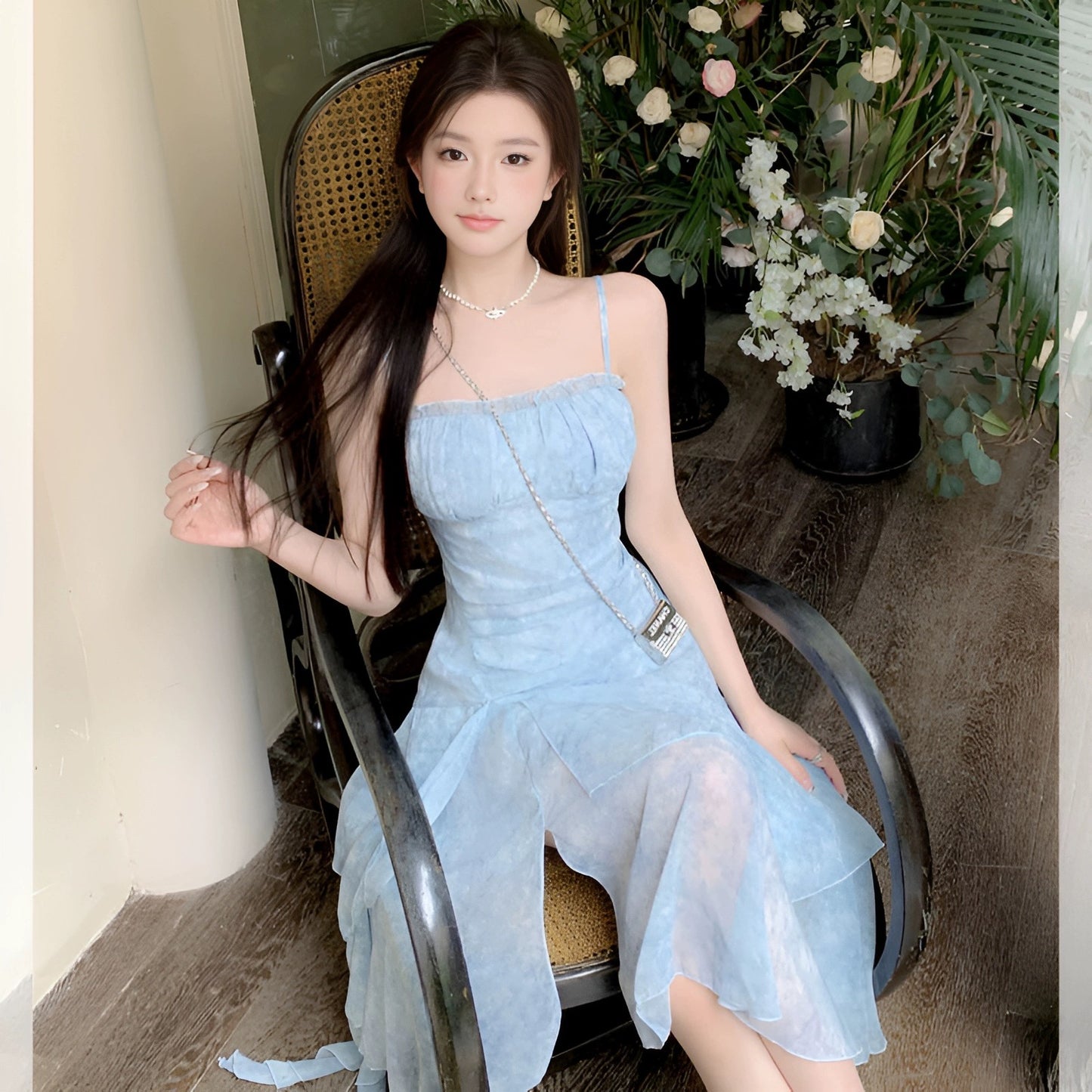 SKIRT "Ice Porcelain Fog Moon" floral chiffon suspender dress women's beach vacation long skirt
