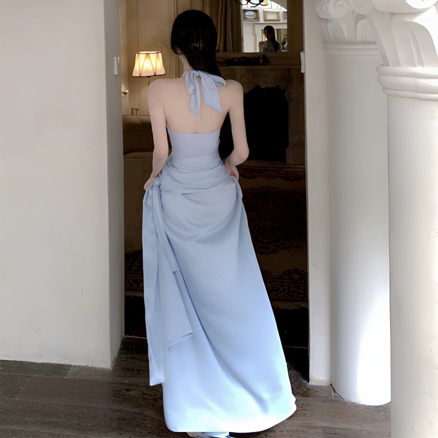 SKIRT "Dream Bing Xin Blue" romantic and elegant long skirt with halter neck and ribbon slit dress for women