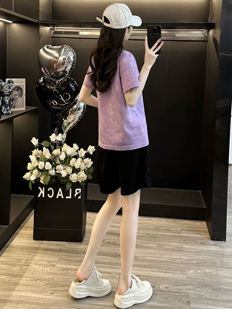 Fashionable and stylish printed short-sleeved suit for women in summer 2025 casual sports shorts two-piece suit loose and slim running clothes