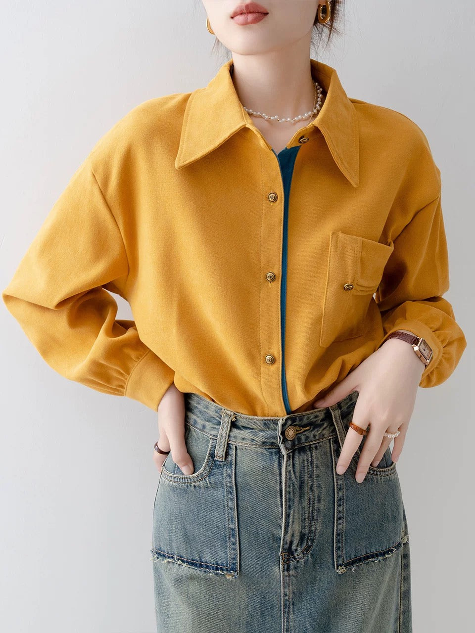 2024 early autumn new women's yellow polo collar shirt French retro long-sleeved shirt brushed layered top