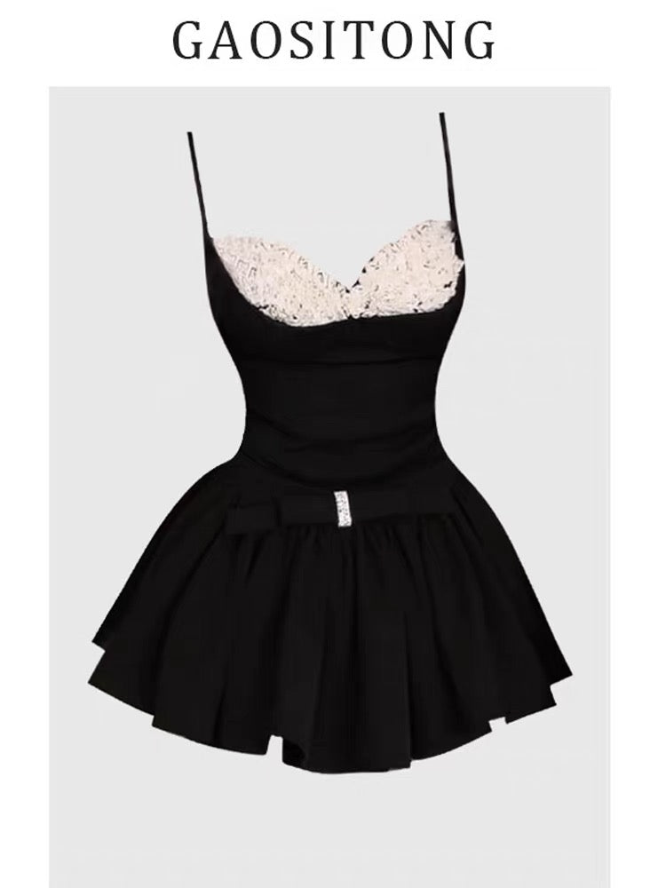 GAOSITONG Ballet Style Color Block Camisole Top Women's Summer 2025 Sweet and Spicy Girl Bow A-line Skirt Set