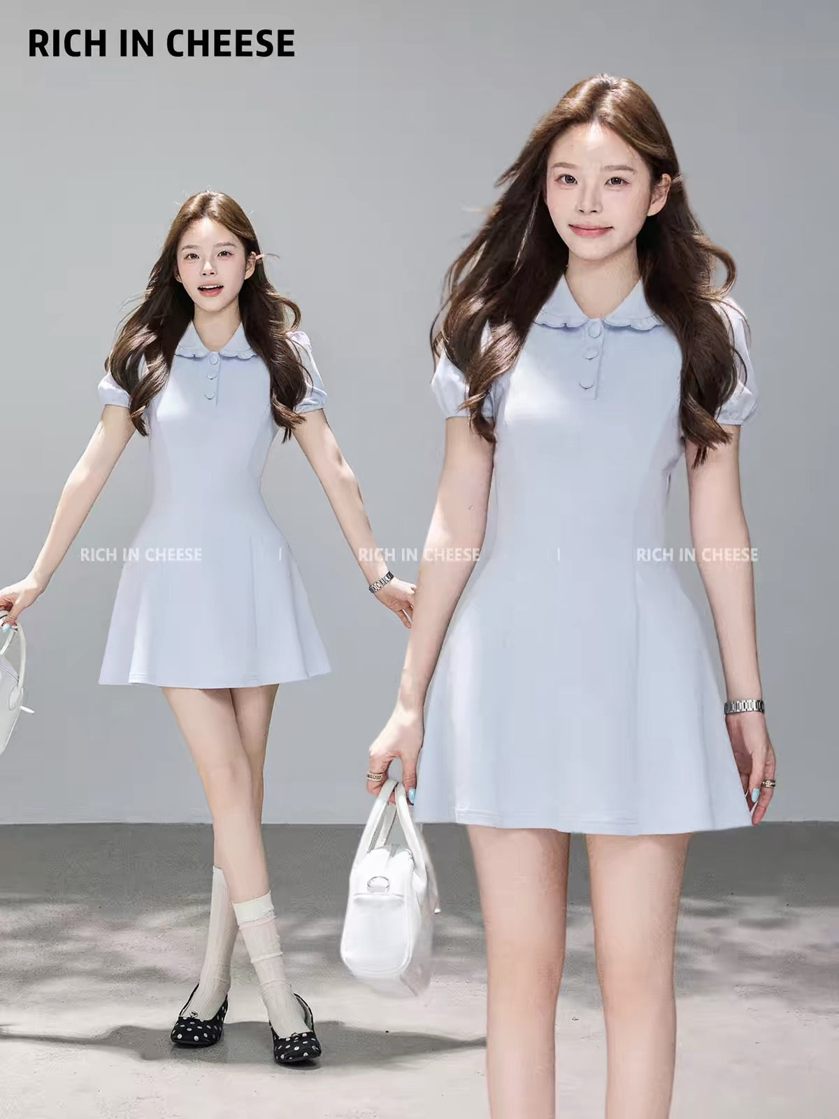 Jinchuanchuan Sea Salt & Mint Summer Cotton A-Line Dress – Minimalist, Slimming, and Elegant with a Wavy Design