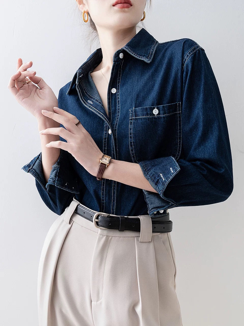 2024 early spring new denim retro blue shirt unique chic shirt professional commuting spring women's top