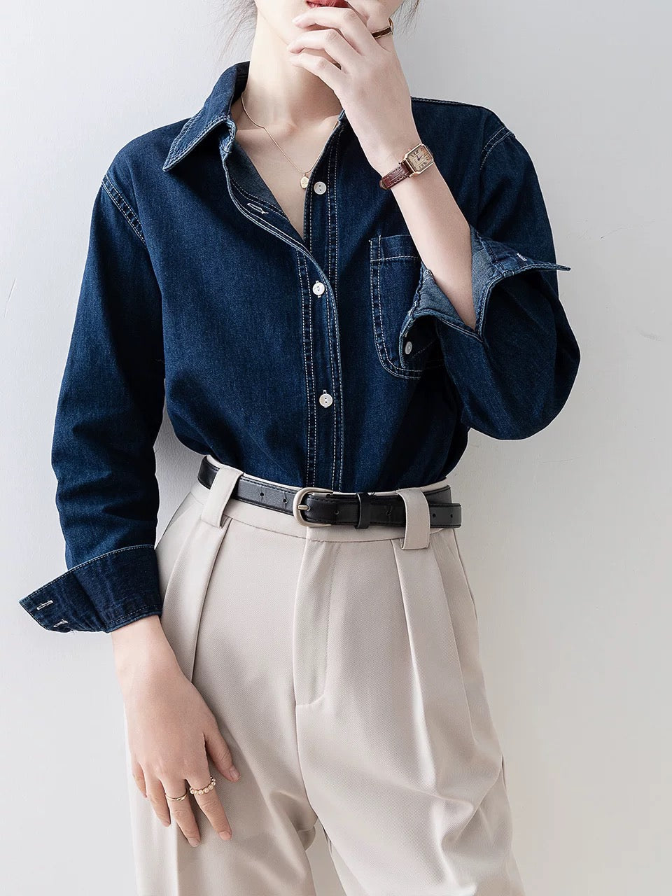 2024 early spring new denim retro blue shirt unique chic shirt professional commuting spring women's top