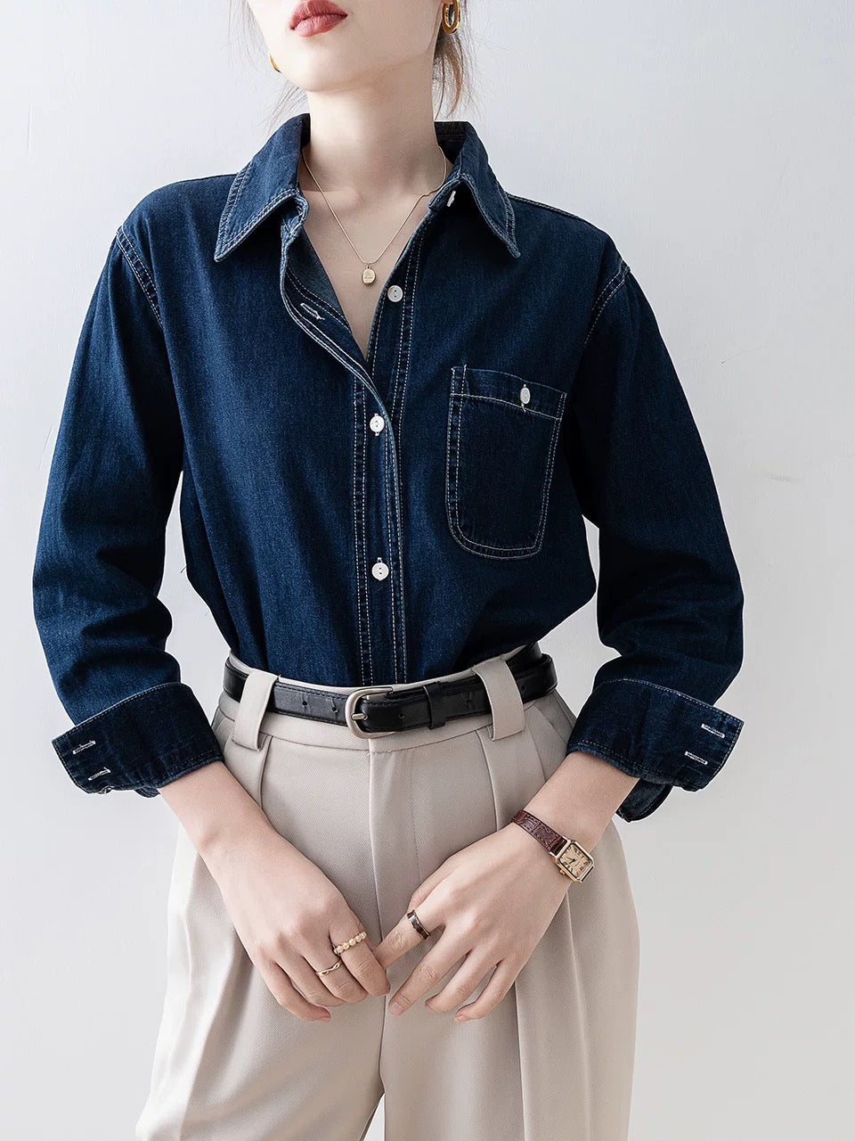 2024 early spring new denim retro blue shirt unique chic shirt professional commuting spring women's top