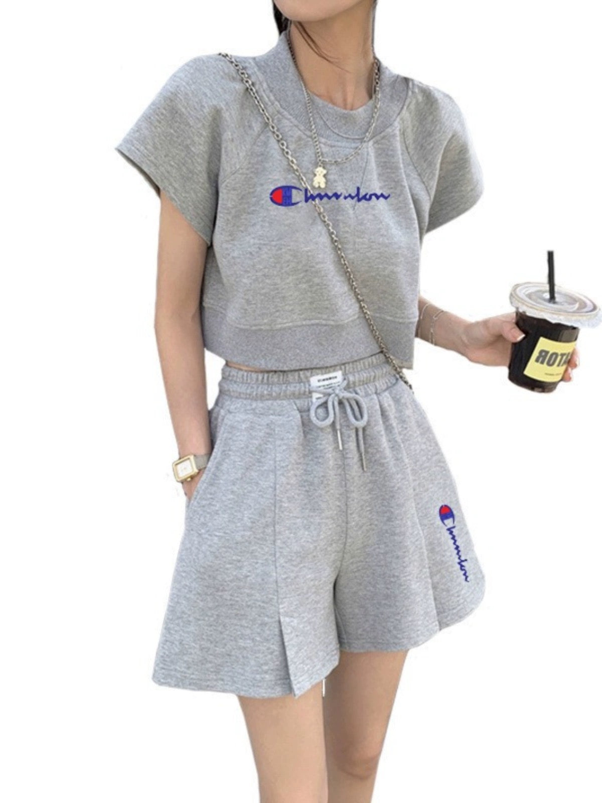 Campus champion casual sports suit for women 2023 new summer short-sleeved shorts fashionable two-piece set