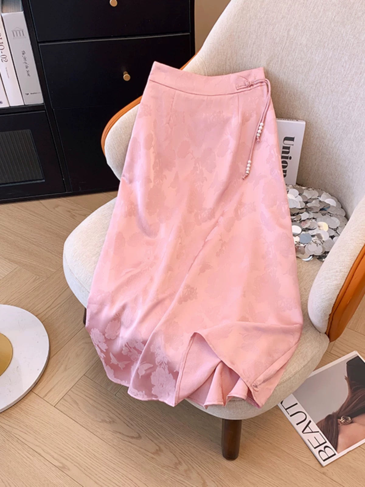 New Chinese style pink acetate skirt for women summer national style jacquard satin temperament slim high waist hip mid-length skirt