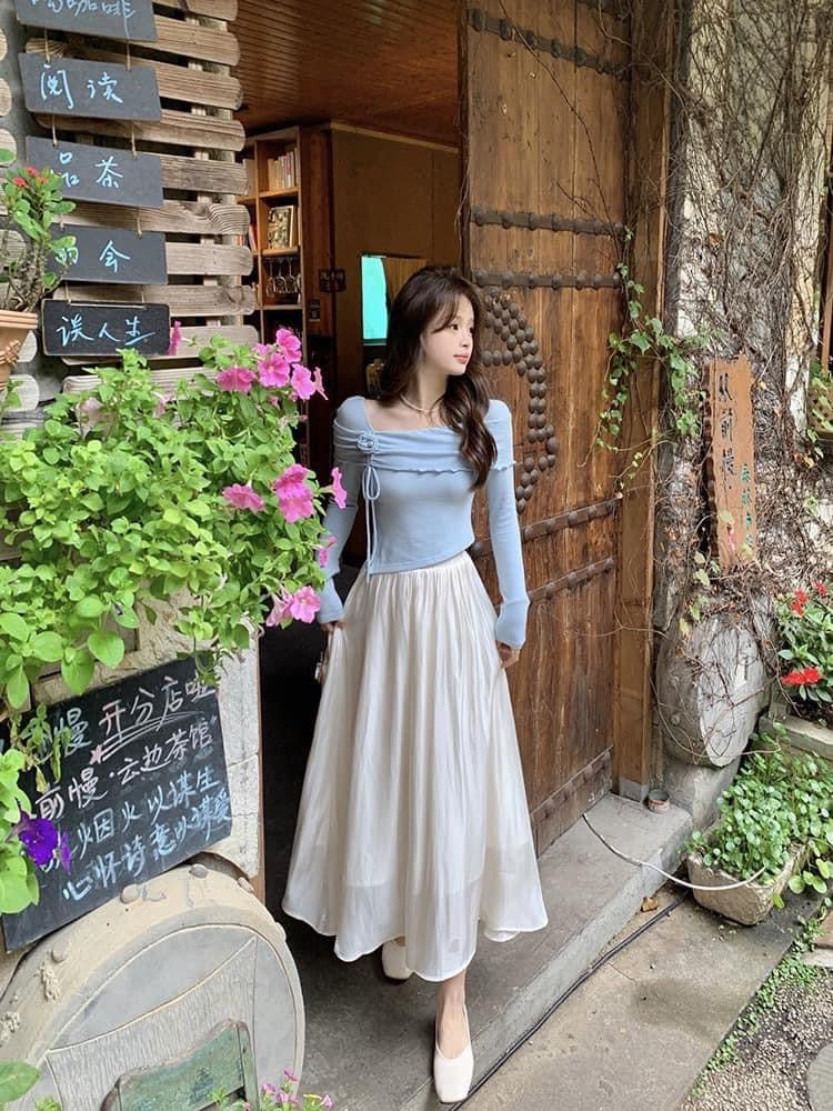 Gentle style suit for women three-dimensional rose long-sleeved T-shirt top spring elastic waist A-line skirt temperament two-piece set