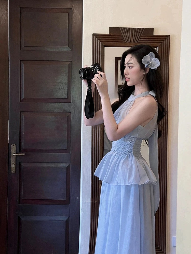 Summer 24 new product forest style super fairy temperament vacation design blue waist pleated halterneck sleeveless dress for women