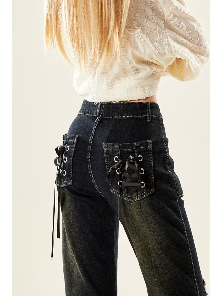 Naturally astringent retro bow raw edge slightly flared jeans for women in autumn and winter hot girls high waist slimming pants for small people