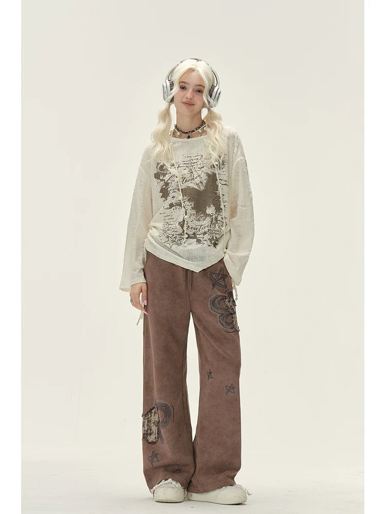 Natural brown butterfly patch sweatpants for women in autumn and winter American retro casual loose wide-leg sports velvet pants