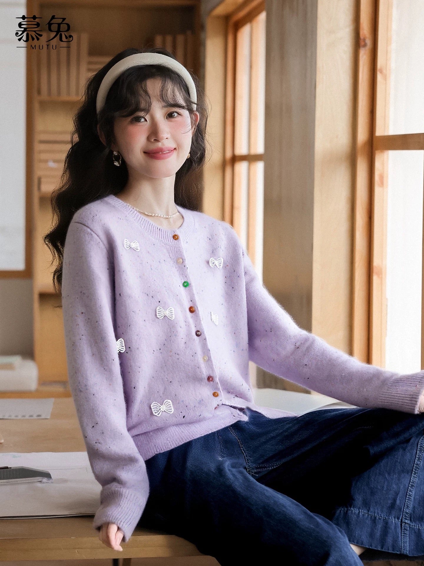 MuTu Gentle Style Bow Knit Cardigan for Women, 2025 Autumn New Arrival, Round Neck, Petite Size