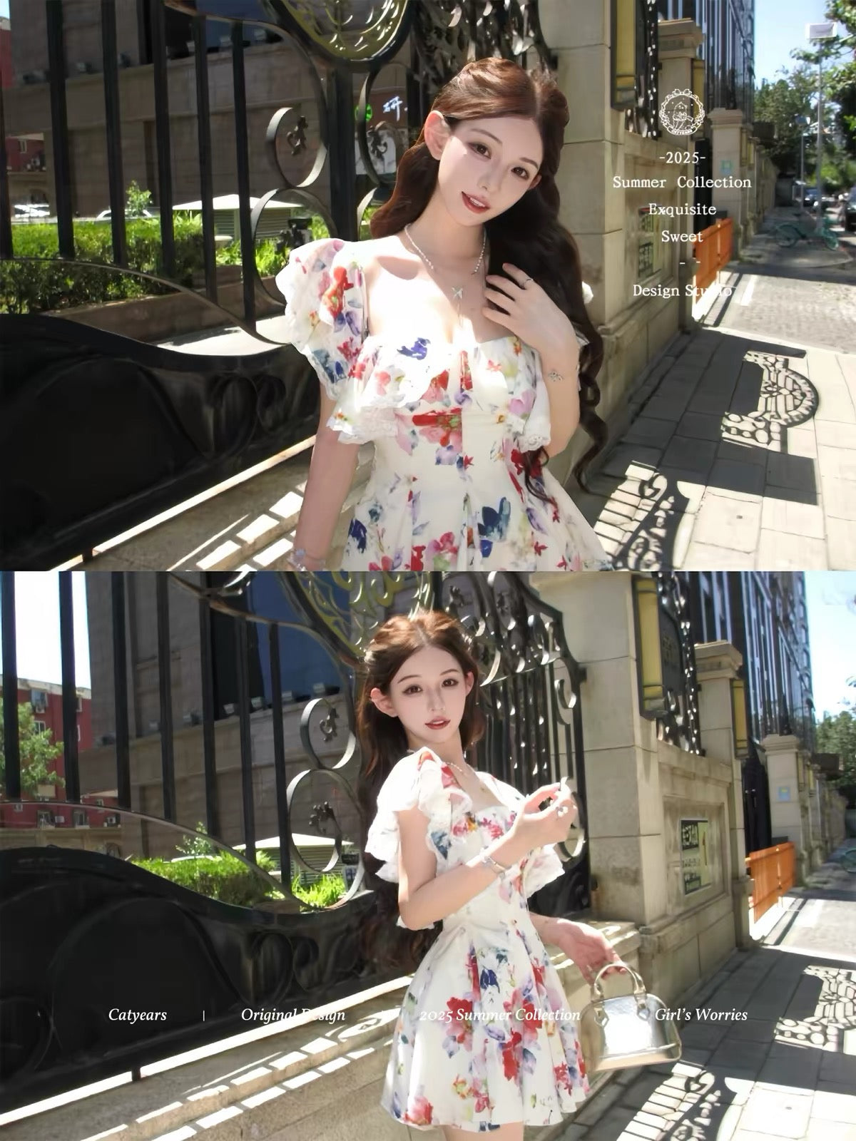Catyears "Pink Floral Wall" — A camisole dress featuring a splash-ink style floral print with contrasting colors, a ruffled hem, and a design available in both long and short lengths.