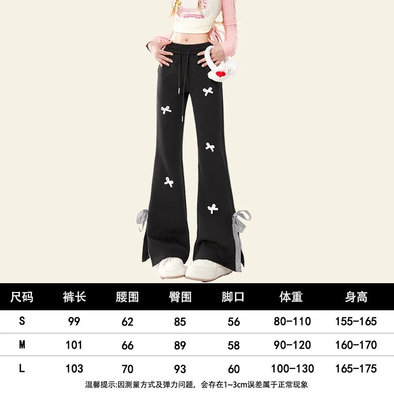 Natural pink slit boot-cut pants for women, spring and autumn style bow casual sweatpants for small people, slim and flared pants