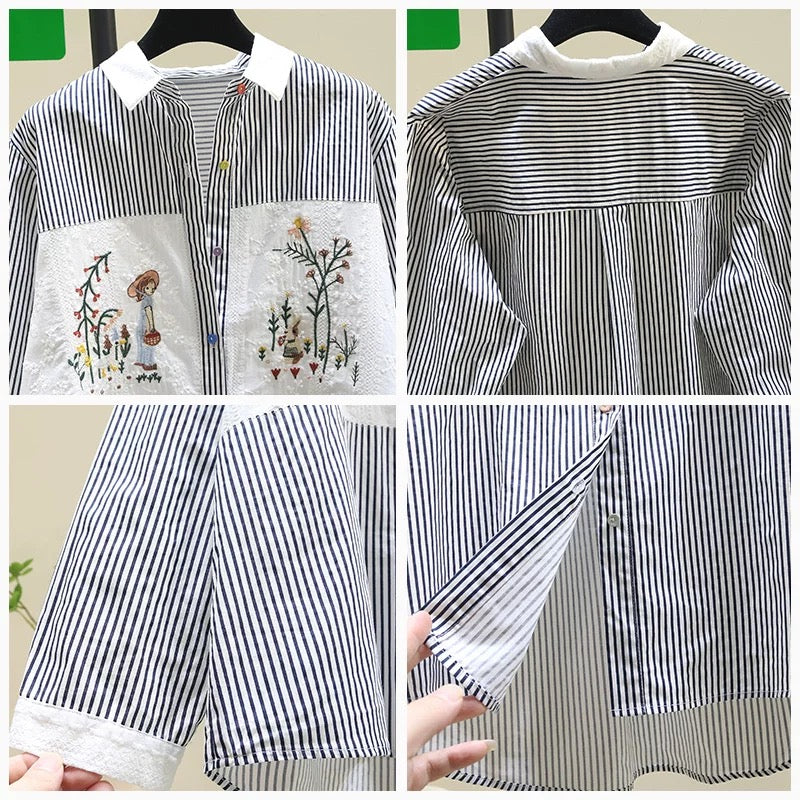 Designed embroidered striped splicing long-sleeved shirt for women 2024 spring and autumn new Korean style loose age-reducing shirt top