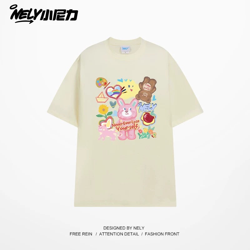 NELY Little Nelly short-sleeved T-shirt men and women cartoon bear 2025 new summer pure cotton loose couple tops trend