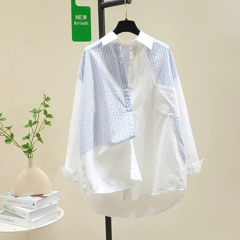 Designed black striped stitching white shirt women's 2024 spring new Korean style loose shirt mid-length top