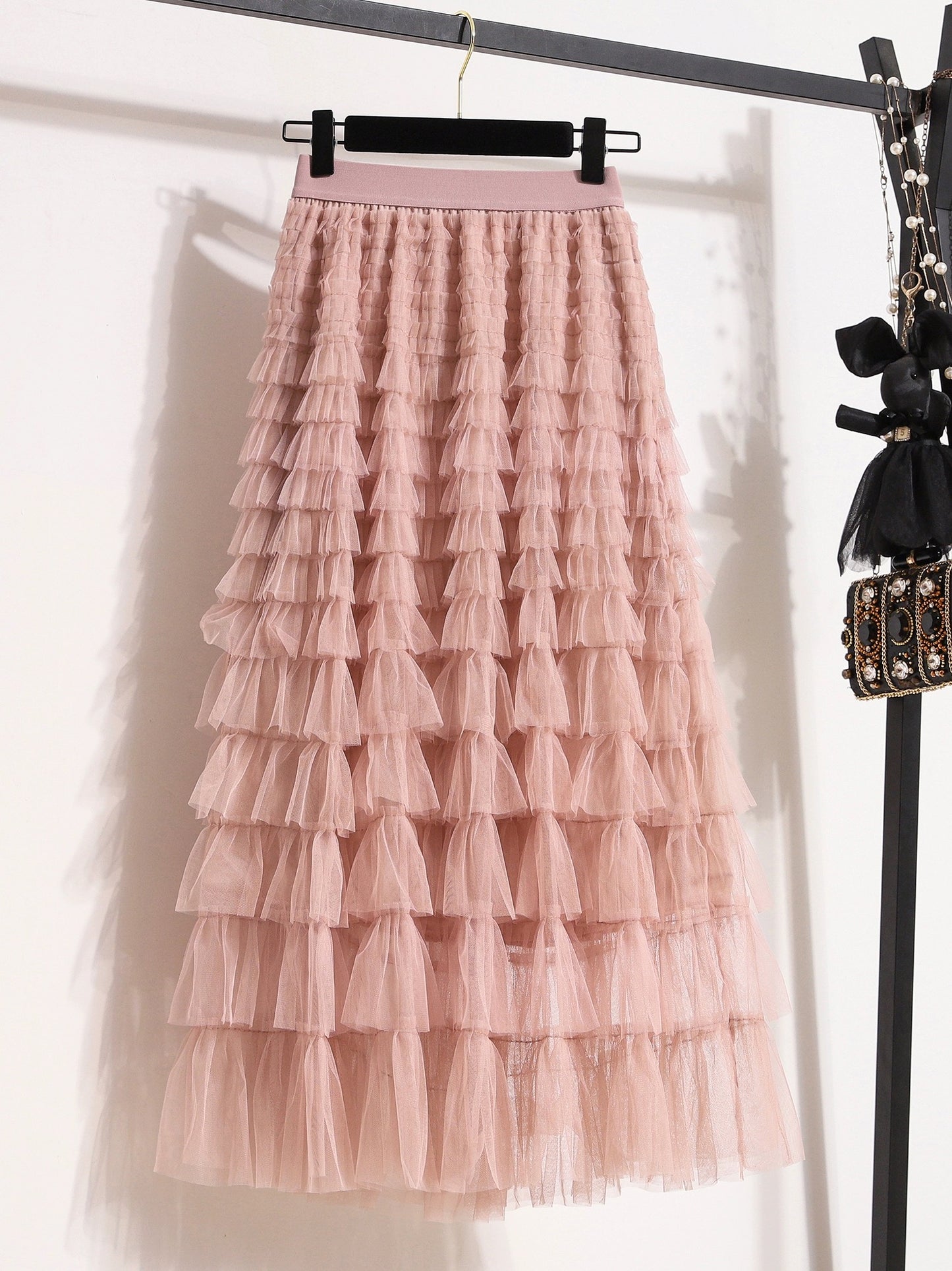 Fairy A-line mesh cake skirt for women 2024 spring and autumn new large size black long skirt fluffy and elegant skirt