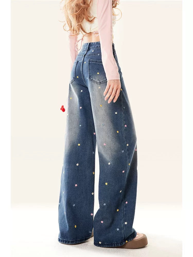 Retro floral jeans 2024 new women's spring and autumn high-waisted wide-leg loose straight trousers for small people
