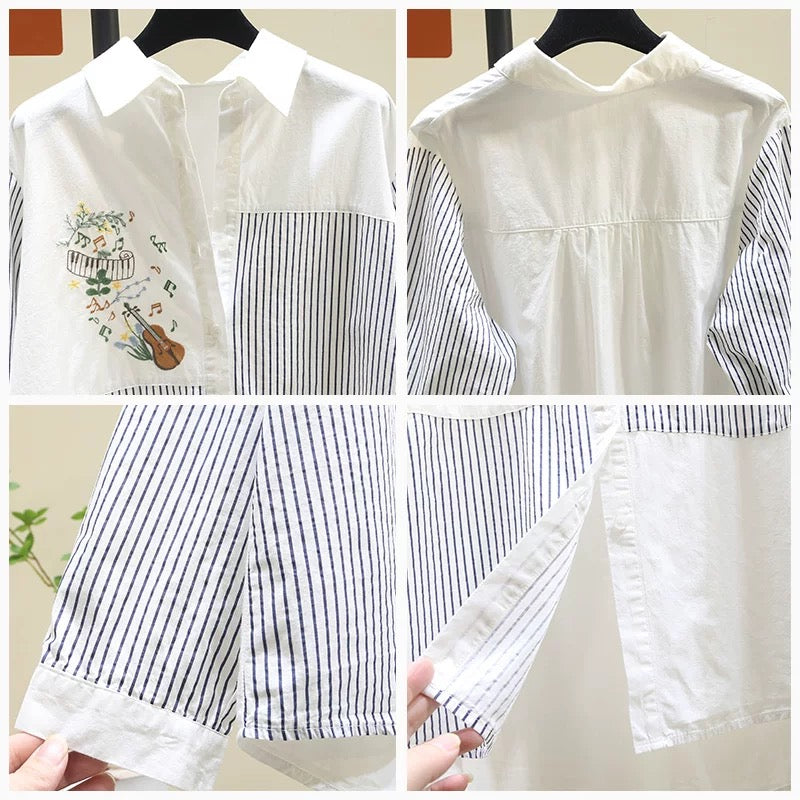 Designed embroidered striped stitching white shirt for women 2024 spring new style literary style loose age-reducing shirt top