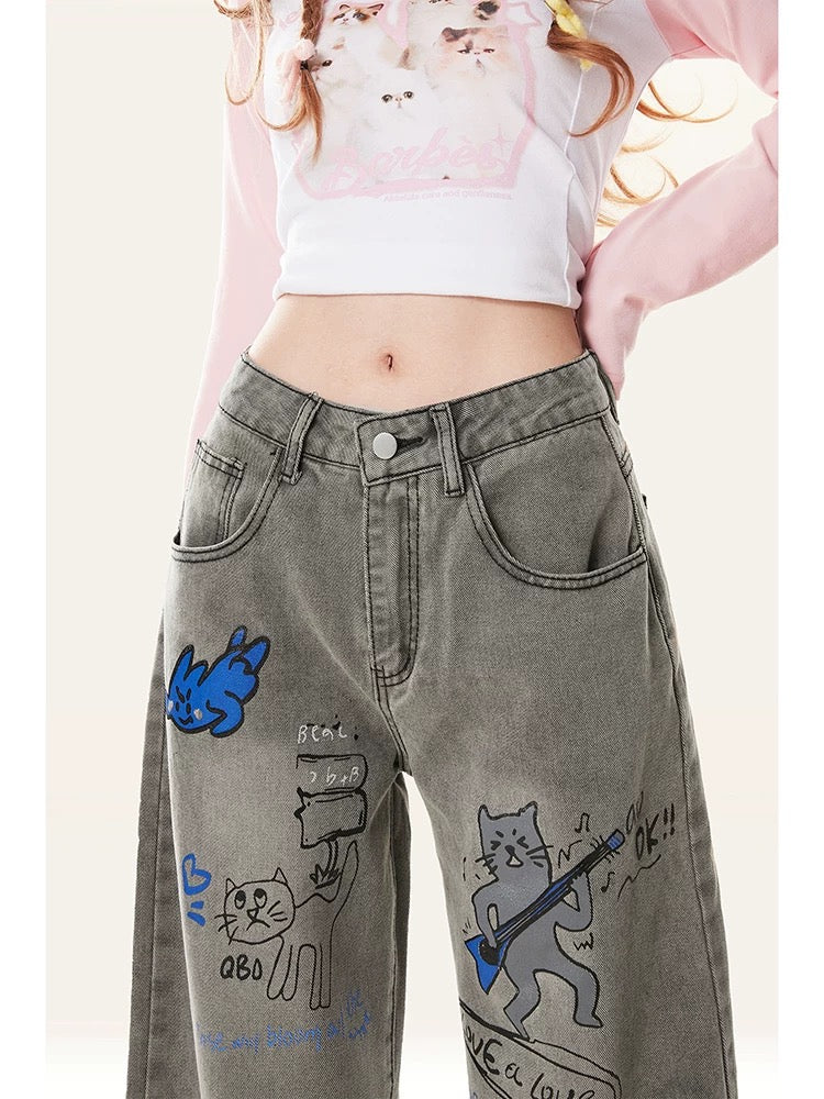 Natural astringent cartoon printed American high-waisted jeans 2024 new women's spring and autumn wide-leg loose straight pants