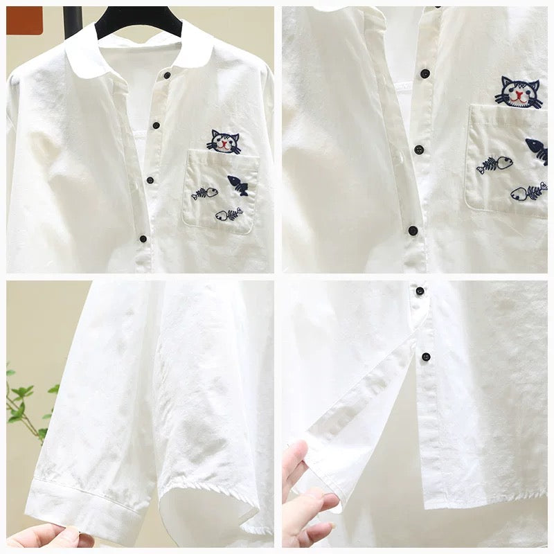 Designed embroidered fishbone white shirt for women 2024 spring and autumn new style literary style loose age-reducing shirt bottoming top