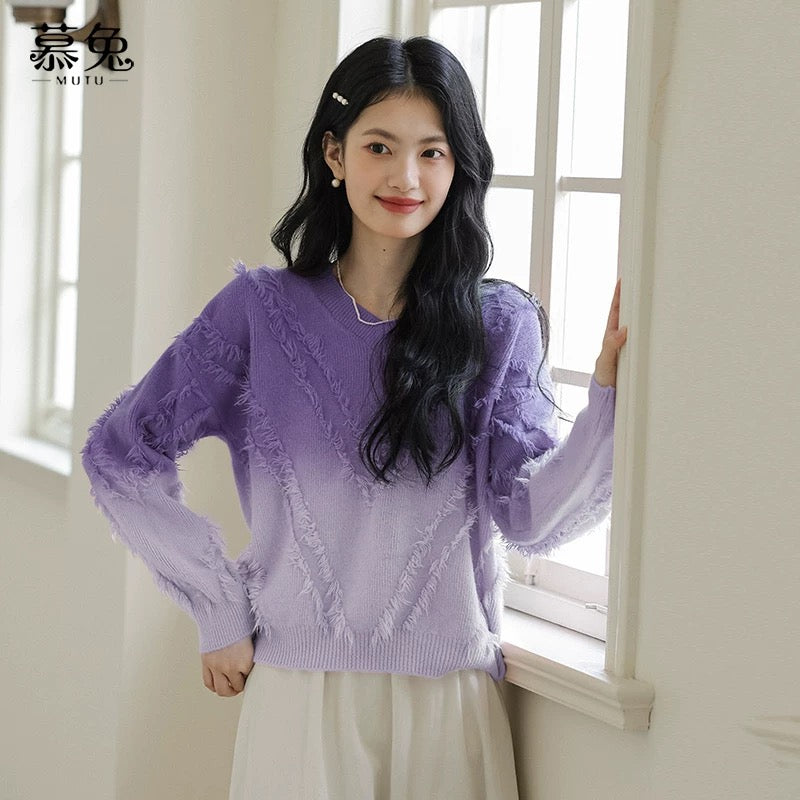 MuTu French Tassel Gradient Color Knit Sweater for Women, 2025 New Autumn Style, Unique Design, Small and Loose Fit Top