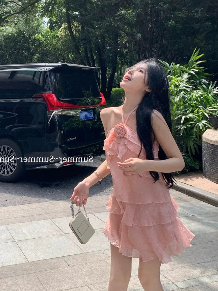French pink flower halter neck suspender dress for women summer new loose backless sleeveless temperament cake skirt