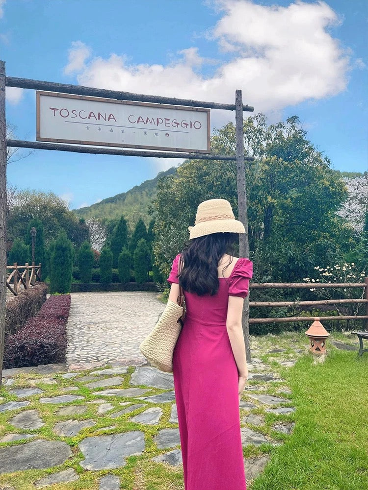 French high-end square collar chic puff sleeve tube top dress for women summer new high-waist slim slit long skirt